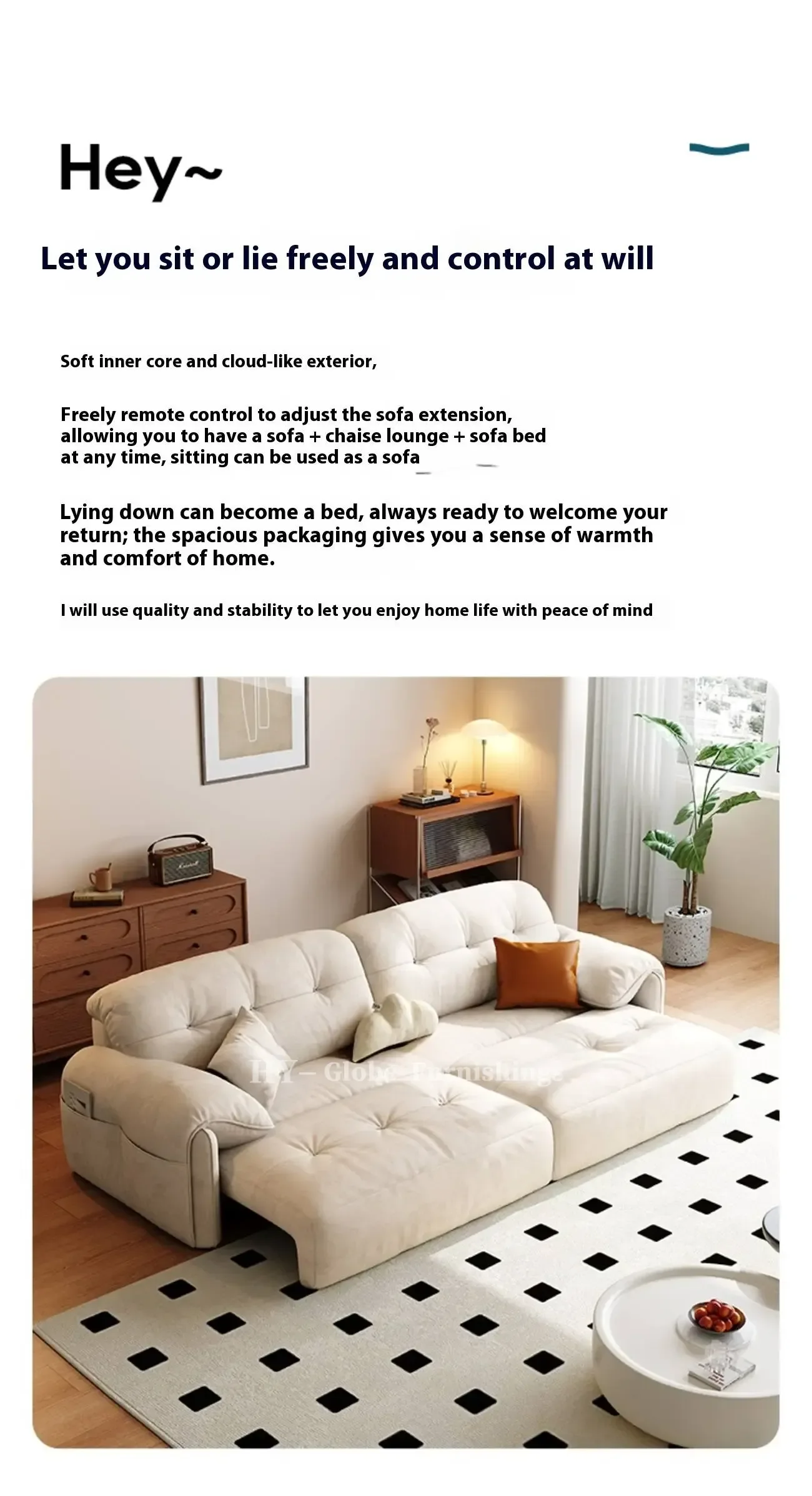 Globe Furnishings - Modern Minimalist Extendable Electric Sofa