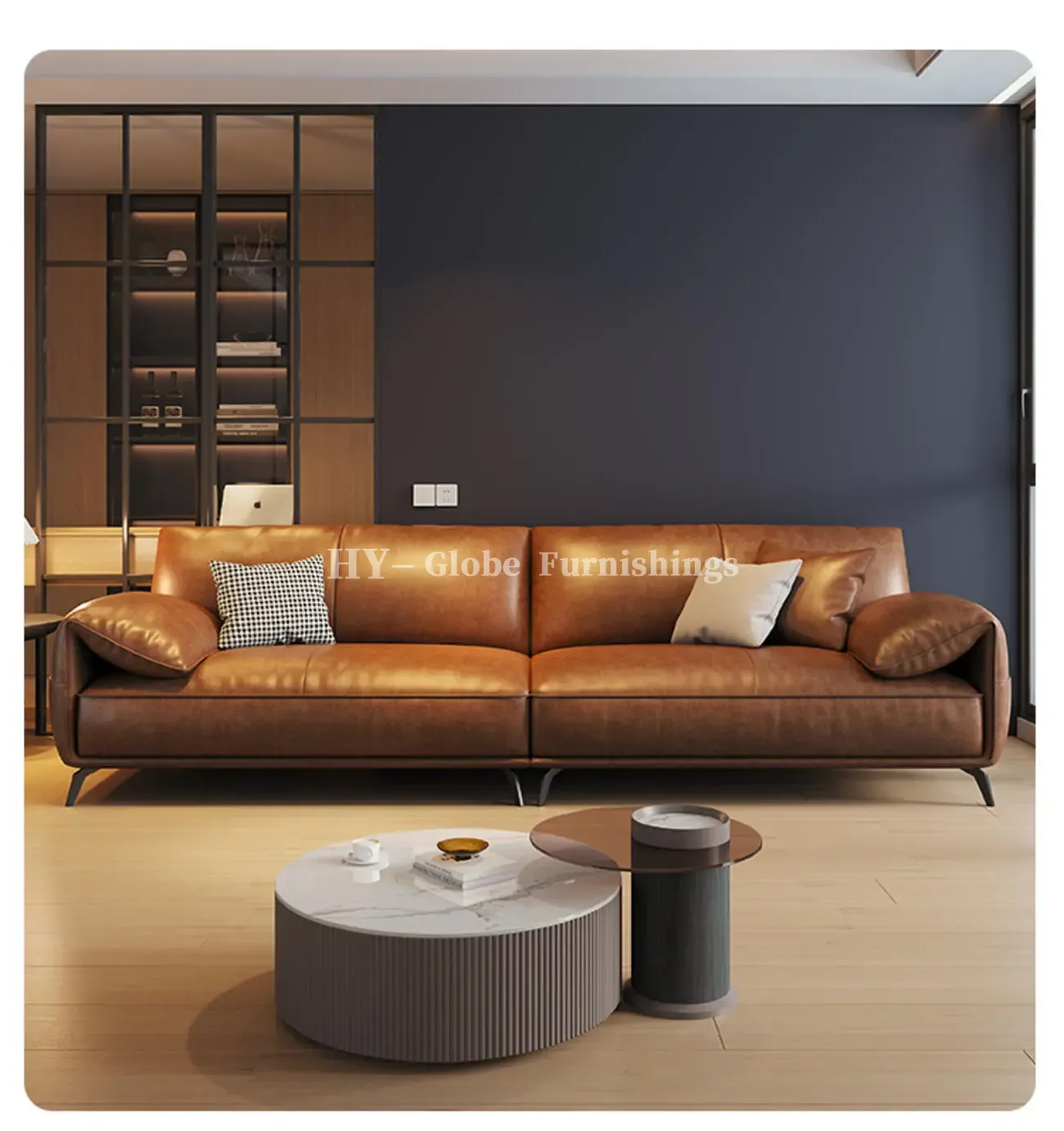 Globe Furnishings - Oil-wax leather light luxury Italian straight-line sofa