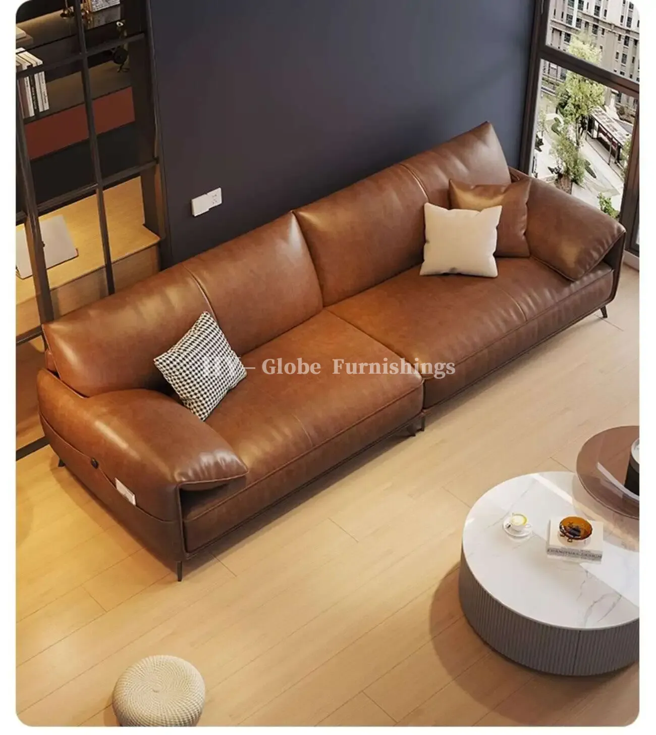 Globe Furnishings - Oil-wax leather light luxury Italian straight-line sofa