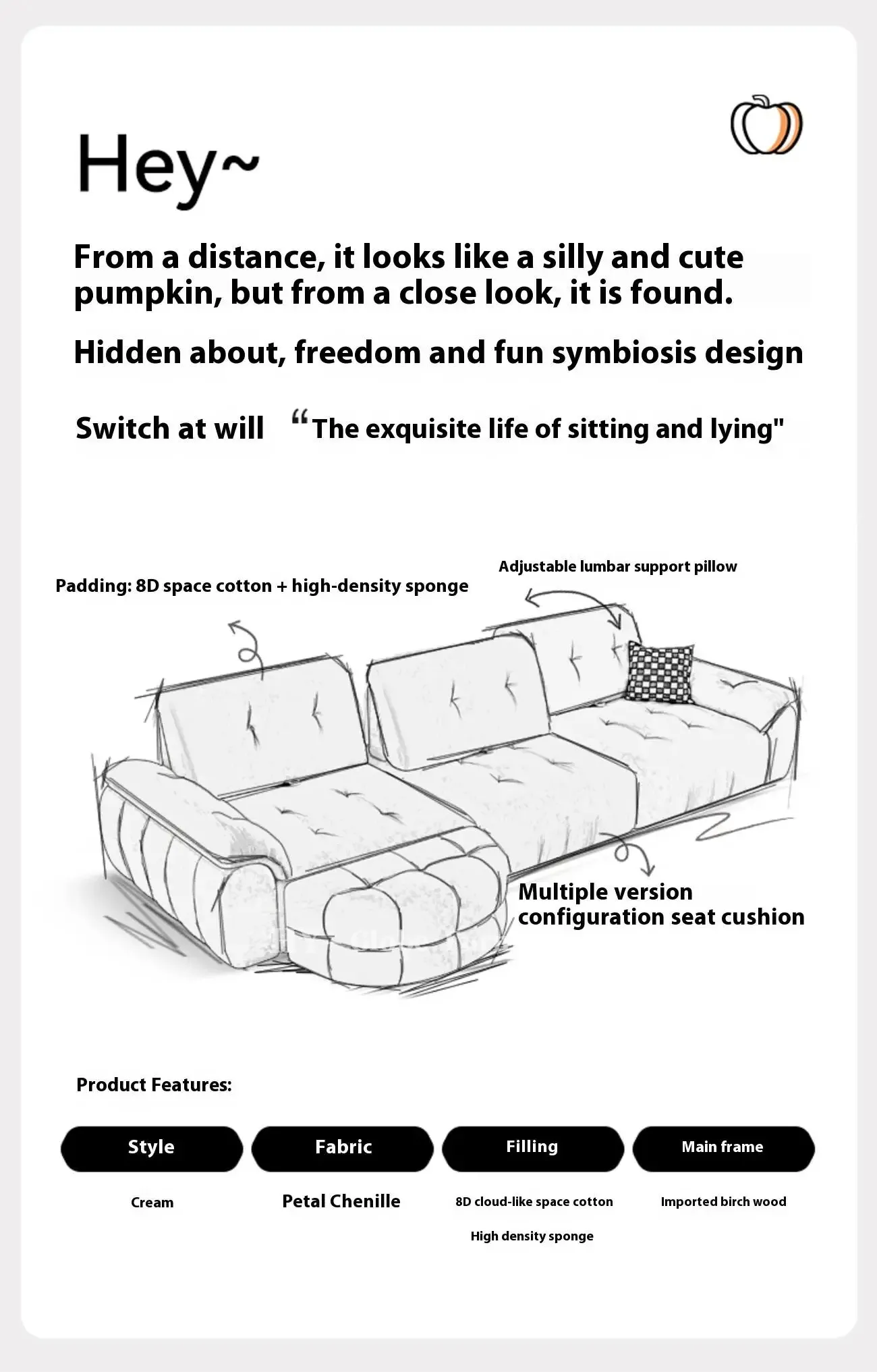 Globe Furnishings - Minimalist Modern Adjustable Pumpkin Sofa