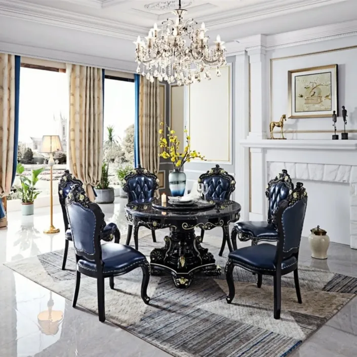 European-style solid wood carved dining table and chair set