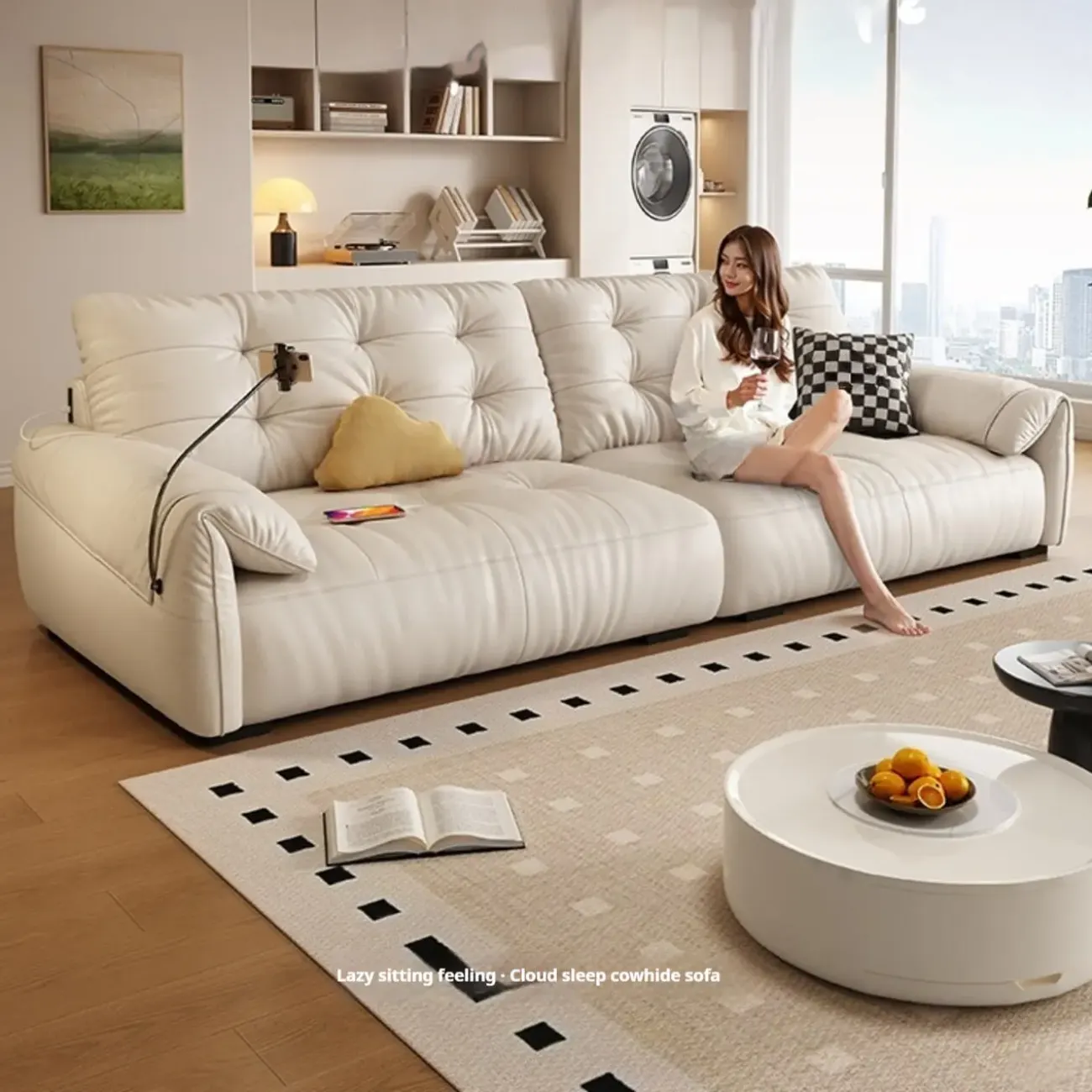 主图-01 Globe Furnishings - Cream Style Minimalist Rechargeable Leather Sofa