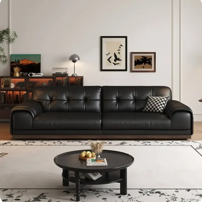Globe Furnishings - Vintage-Style Minimalist Modern Large Black Leather Sofa Globe Furnishings - Vintage-Style Minimalist Modern Large Black Leather Sofa