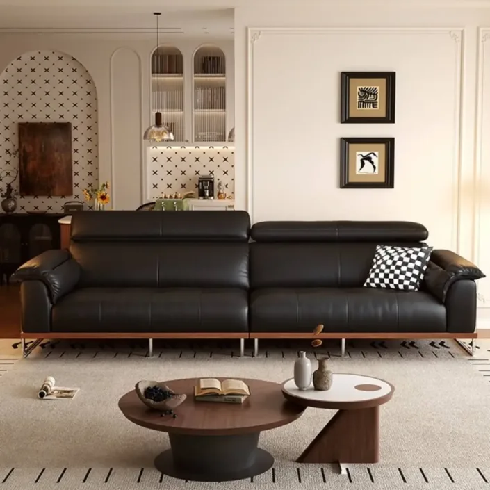 Minimalist Solid Wood Top-Grain Leather Sofa in Vintage Style