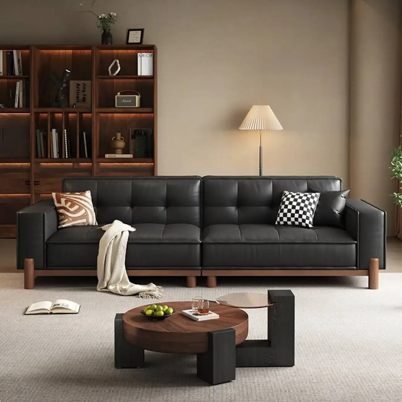 主图-02 Globe Furnishings - Top-Grain Leather American Vintage Solid Wood Sofa
