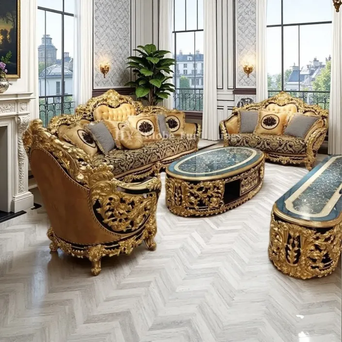 Globe Furnishings - French Court Solid Wood Carved Gold Foil Sofa Globe Furnishings - French Court Solid Wood Carved Gold Foil Sofa