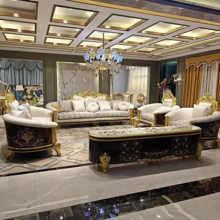 French-style Palace Solid Wood Carved Upholstered Sofa of Noble Luxury