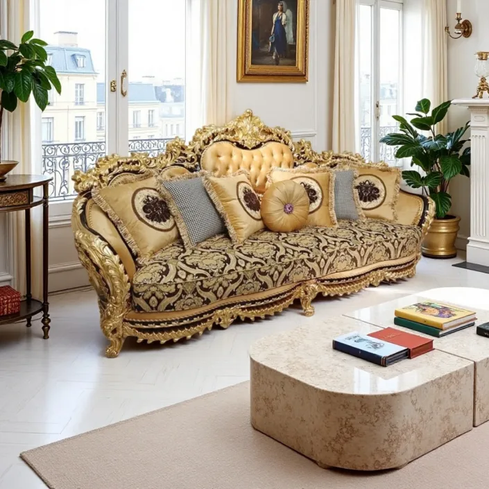 Globe Furnishings - French Court Solid Wood Carved Gold Foil Sofa Globe Furnishings - French Court Solid Wood Carved Gold Foil Sofa