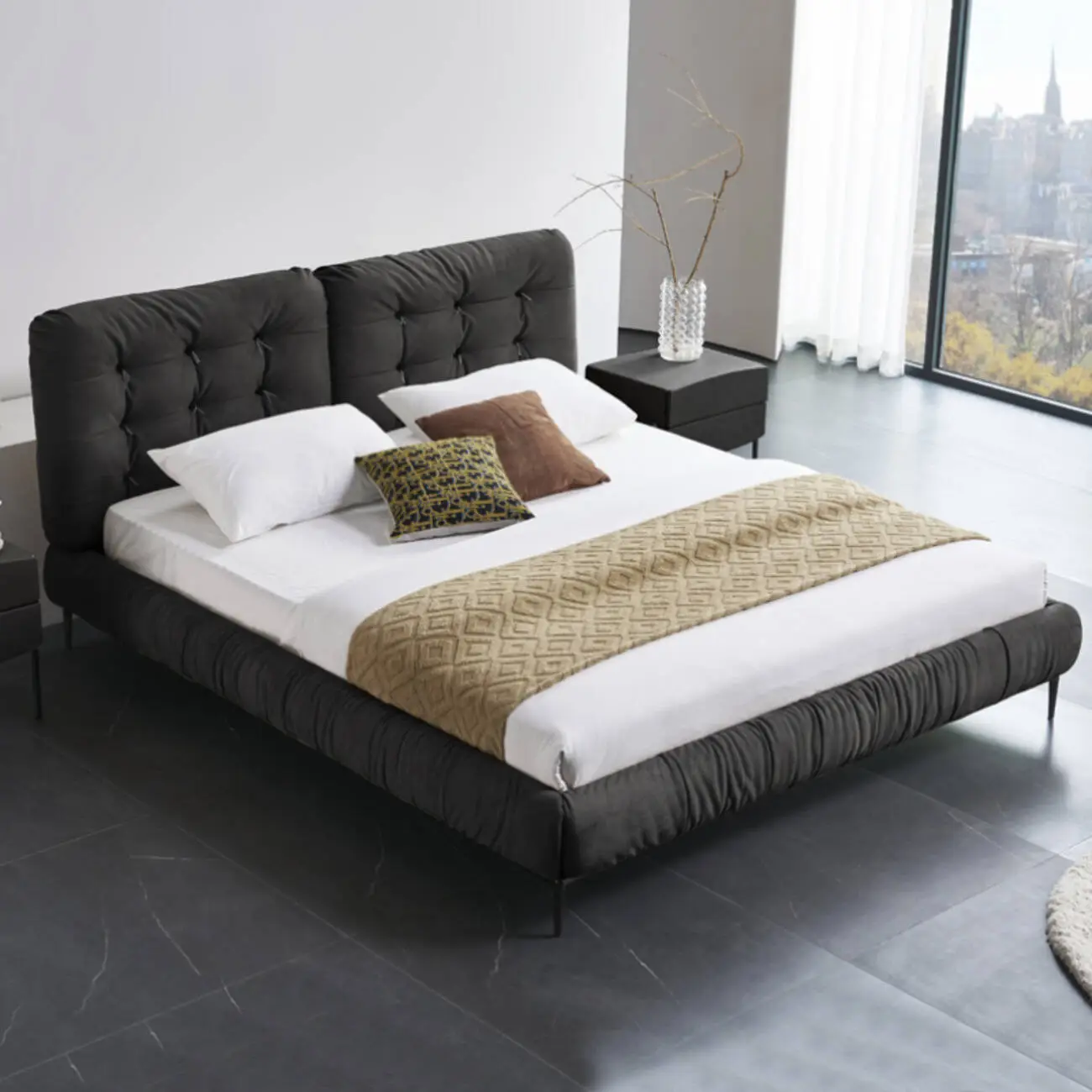 主图-04 Globe Furnishings - Italian Minimalist Frosted Fabric Cloud-Shaped High-Leg Bed