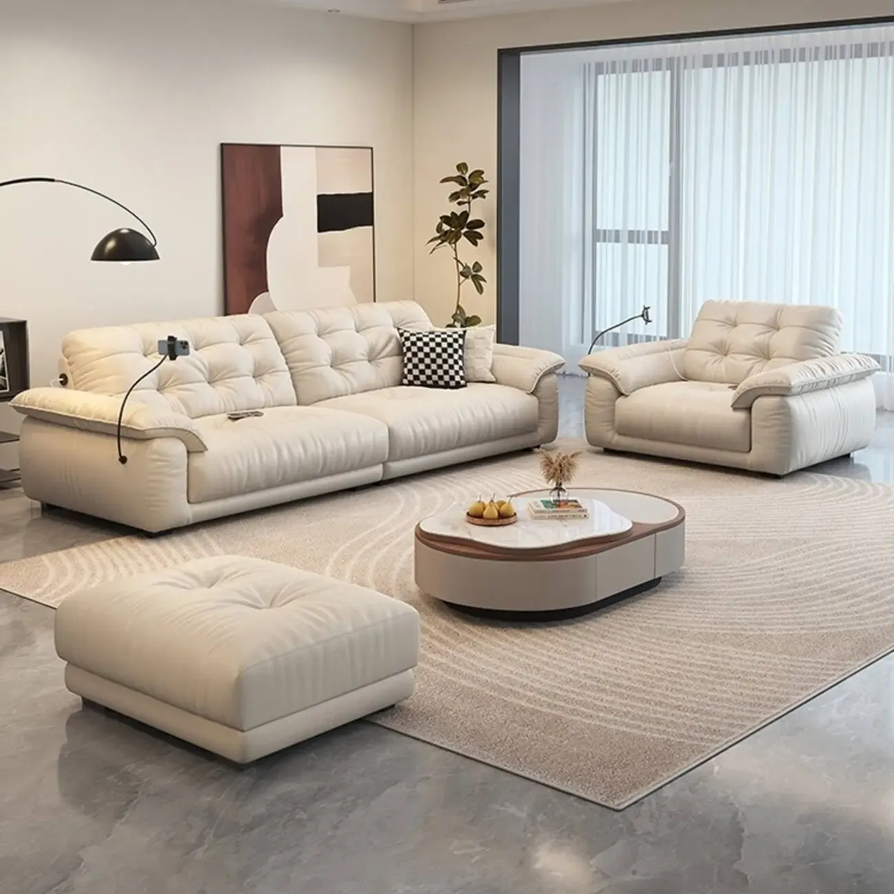 主图-06 Globe Furnishings - Cream-Style Multifunctional Charging Leather Sofa