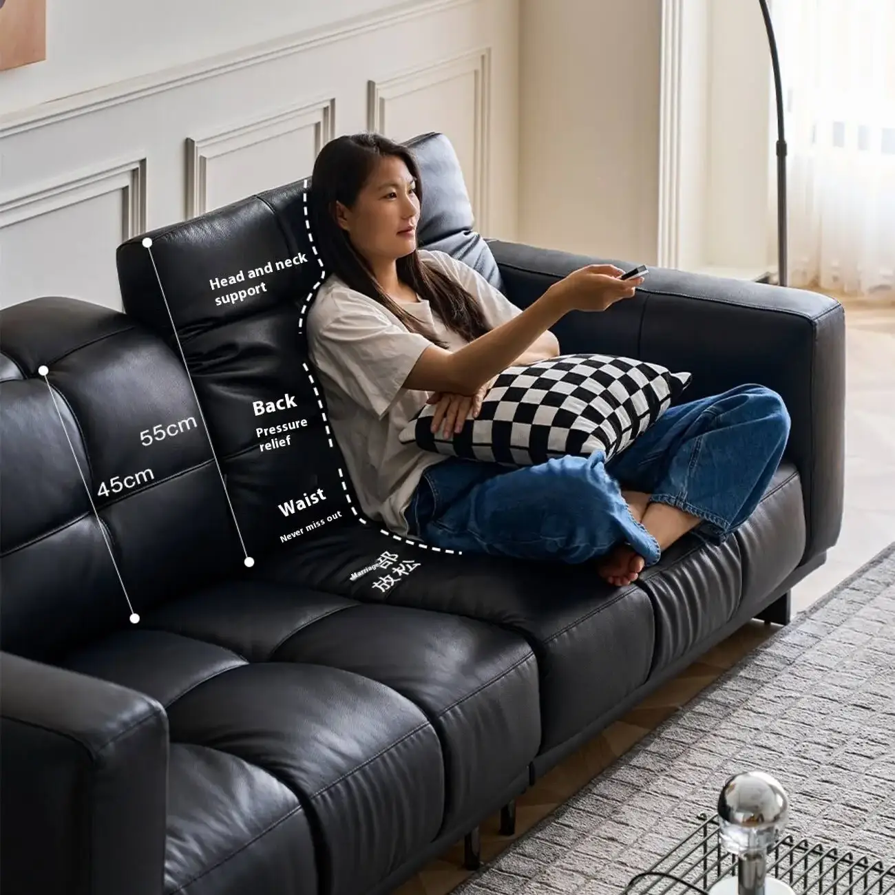 主图-06 Globe Furnishings - Bauhaus New Adjustable Head Layer Leather Sofa with Cushions