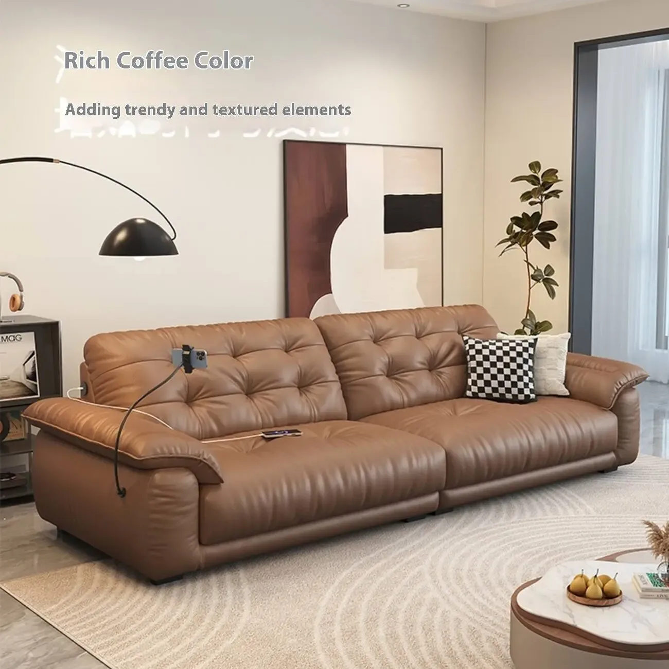 主图-07 Globe Furnishings - Cream-Style Multifunctional Charging Leather Sofa