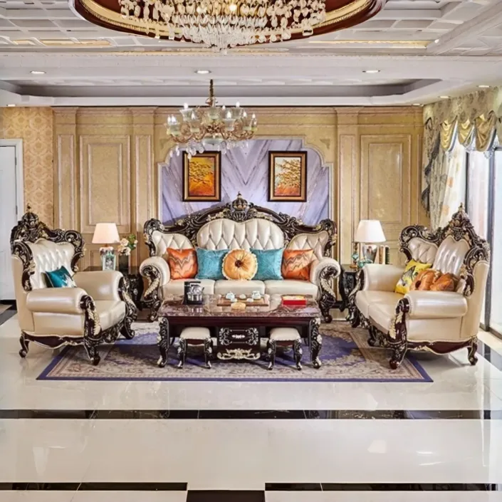 European Style Solid Wood Carved Crown Luxury Villa Sofa