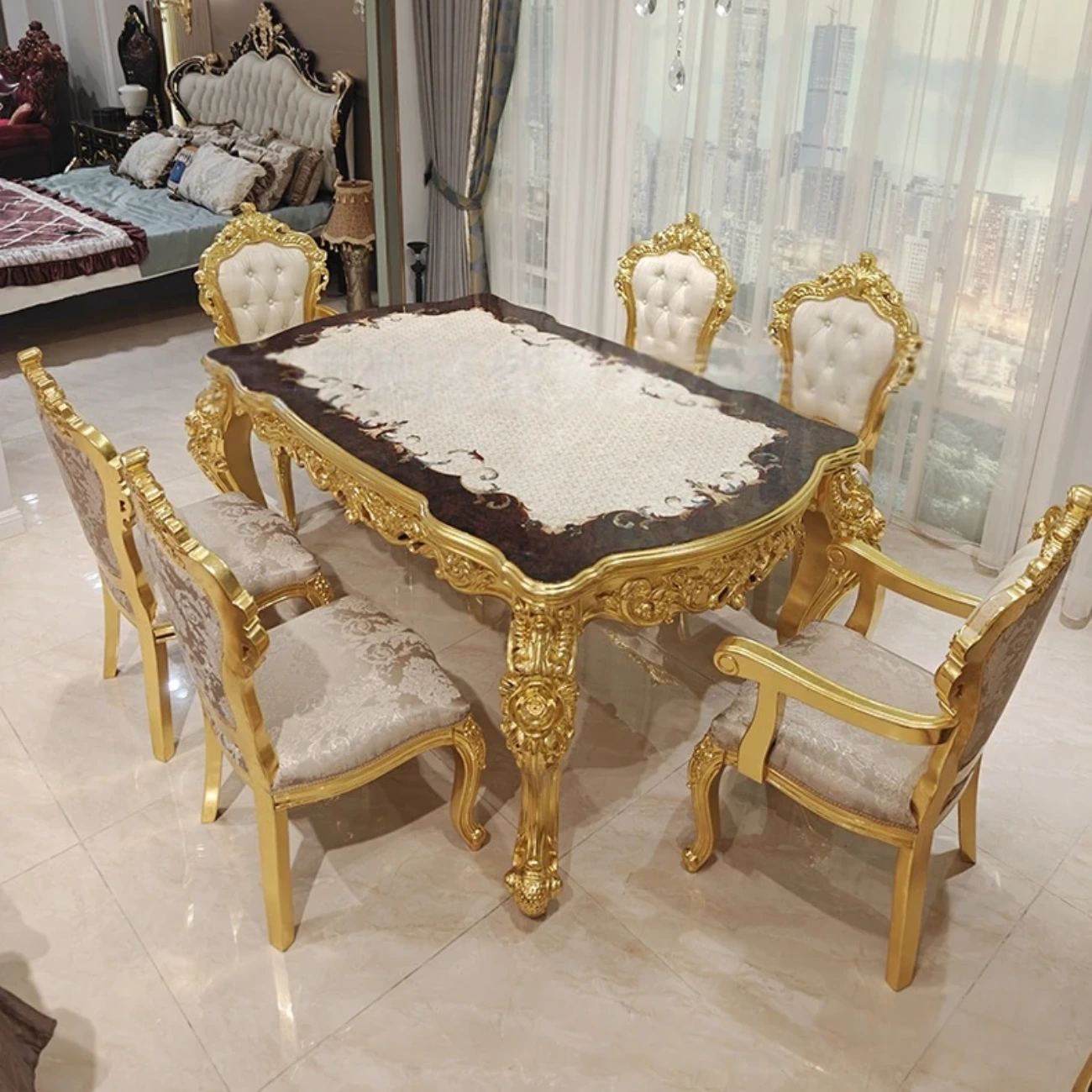 主图-11餐桌 Globe Furnishings - French-style Palace Solid Wood Carved Upholstered Sofa of Noble Luxury