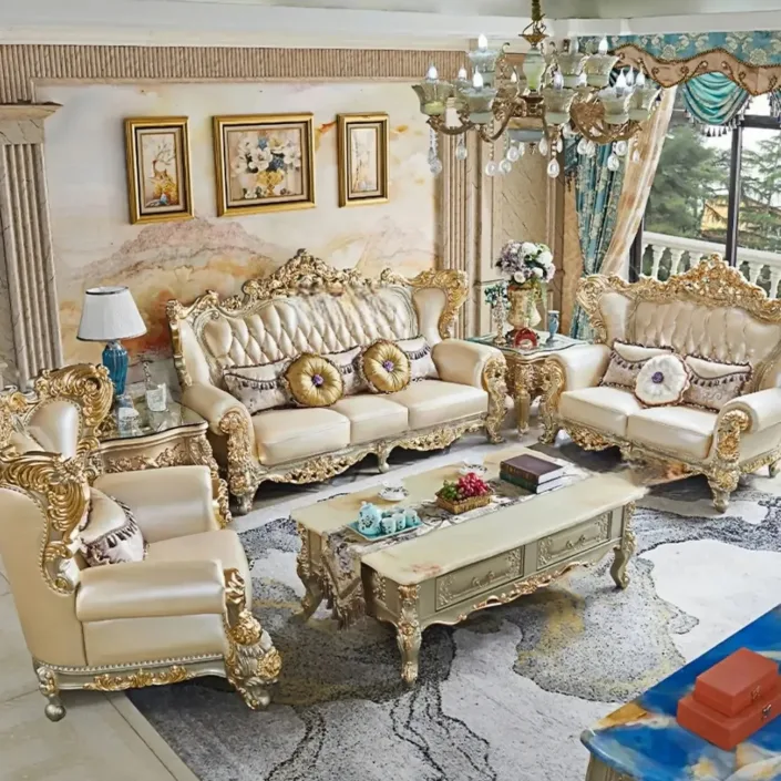 Top European Solid Wood Carved Villa Top Layer Cowhide Sofa